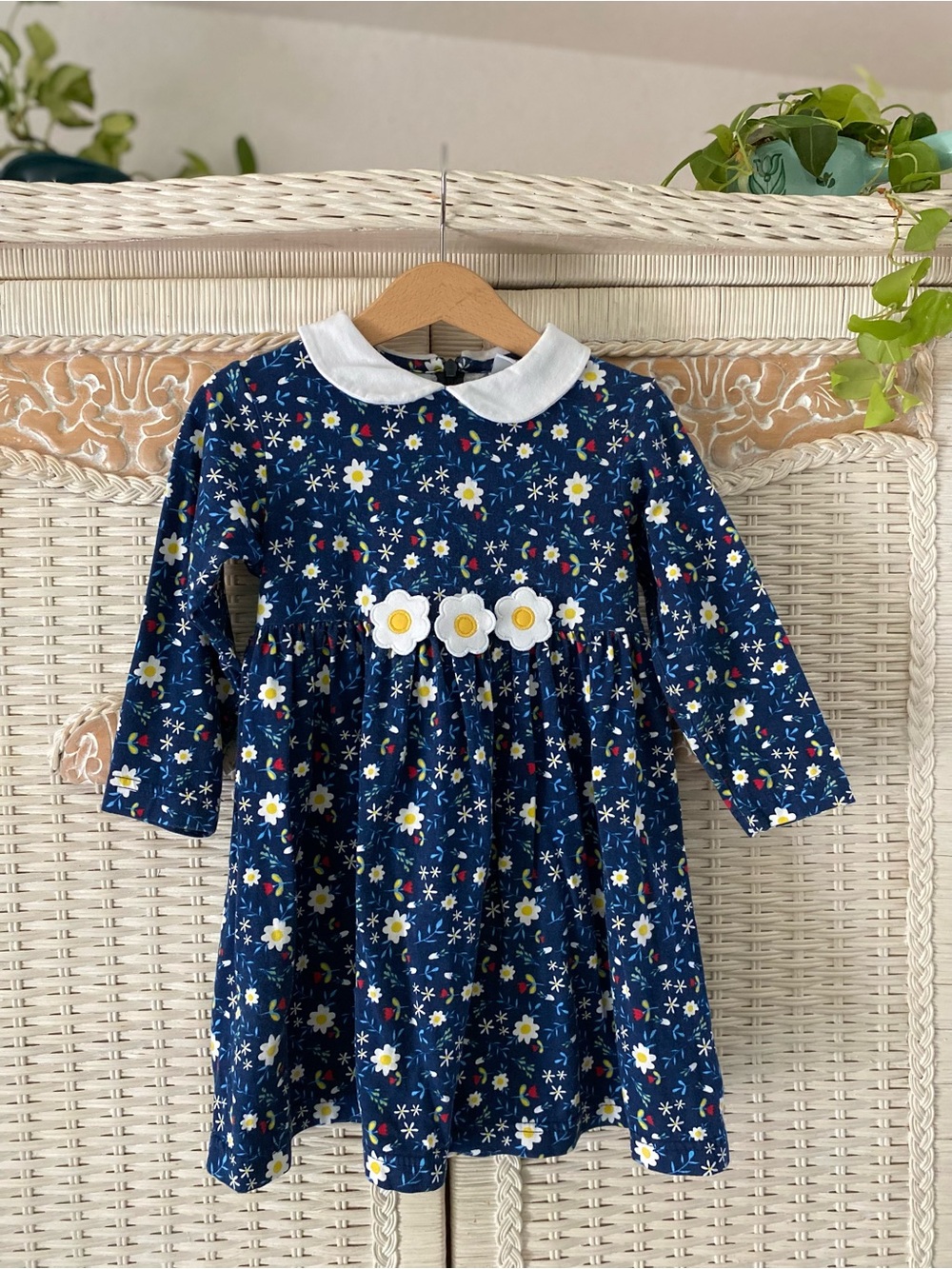 Florence Eiseman Navy Floral Dress with White Collar and Daisy Accents